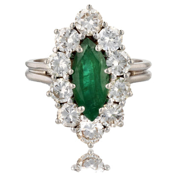 French 1970s Emerald Diamonds 18 Karat White Gold Marquise Ring