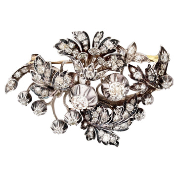 19th Century 3, 90 Carats Diamonds Bouquet Silver 18 Karat Yellow Gold Brooch