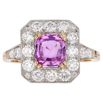 New Art Deco Style Pink Sapphire Diamonds 18 Karat Yellow Gold Platinum Ring