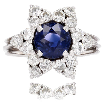 French 1970s Sapphire Diamonds 18 Karat White Gold Snowflake Ring