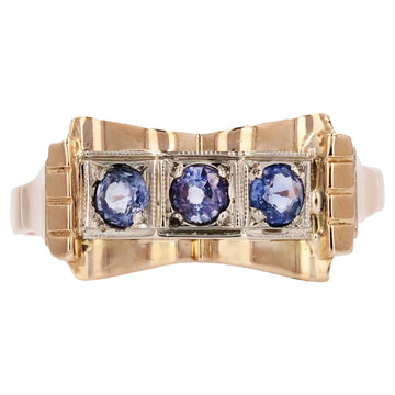 French 1940s Sapphire 18 Karat Rose Gold Knot Tank Ring