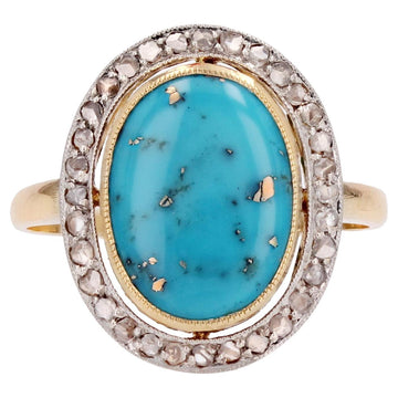 20th Century Turquoise with Pyrite Diamonds 18 Karat Gold Platinum Oval Ring
