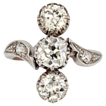 19th Century 3 Diamonds 18 Karat Rose Gold Silver Ring