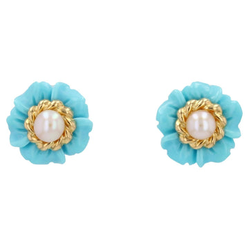 1960s Turquoise Cultured Pearl 18 Karat Yellow Gold Flower Stud Earrings
