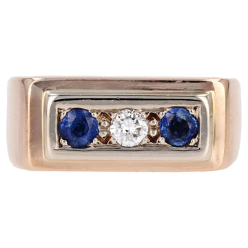1940s Sapphire Diamond 18 Karat Rose Gold Tank Signet Ring