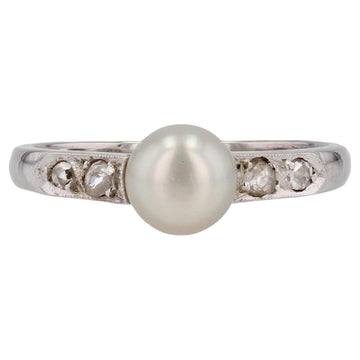 French 1950s Diamond Cultured Pearl 18 Karat White Gold Ring