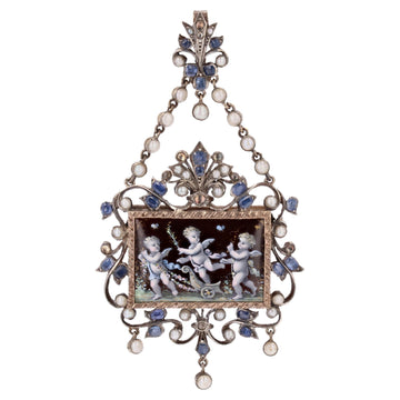 French 19th Century Sapphire Fine Pearl Enamel Silver Pendant Brooch