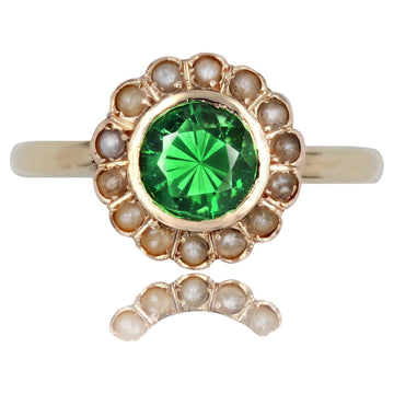 French 20th Century Tsavorite Green Garnet Fine Pearl 18 Karat Yellow Gold Ring
