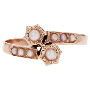 French 19th Century Fine Pearls 18 Karat Rose Gold You and Me Ring