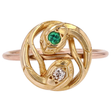 French 19th Century Emerald Diamond 18 Karat Yellow Rose Gold Snake Ring