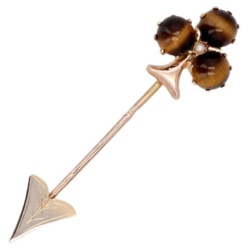 French 19th Century Tiger Eye Fine Pearl Rose Gold Clover Pin Brooch
