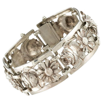 French 1900s Belle epoque Flowers Silver Bracelet