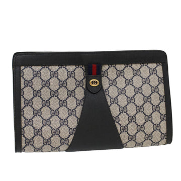 GUCCI GG Canvas Sherry Line Clutch Bag PVC Leather Gray Navy Red Auth ki3402