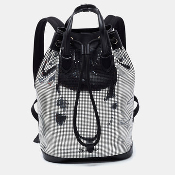 Burberry Black/Silver Leather and Suede Mirror Drawstring  Backpack