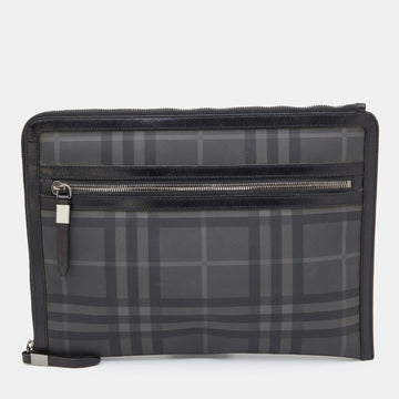 BURBERRY Grey/Black  London Check Coated Canvas and Leather Documents Portfolio Case