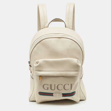 GUCCI Off White Leather Vintage Logo Print Backpack