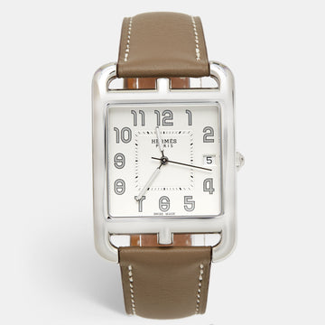 Hermes Opaline Silver Stainless Steel Leather Cape Cod W044350WW00 Men's Wristwatch 33 mm