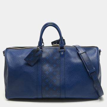 LOUIS VUITTON Pacific Blue Taiga Leather and Monogram Eclipse Canvas Keepall Bandouliere 50