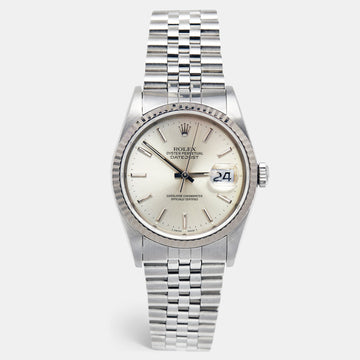 ROLEX Silver 18k White Gold Stainless Steel Datejust 16234 Men's Wristwatch 36 mm
