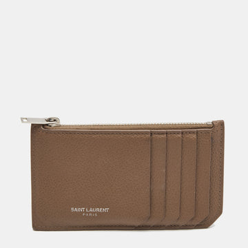Saint Laurent Beige Leather Zip Card Case