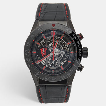 TAG HEUER Black PVD Coated Stainless Steel Rubber Carrera Manchester United Red Devil Edition CAR2A1J Men's Wristwatch 45 mm