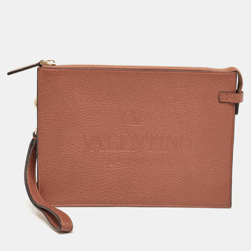 VALENTINO Brown Leather Logo Embossed Wristlet Clutch