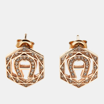AIGNER Rose Gold Tone Crystal Studded Hexagon Stud Earrings