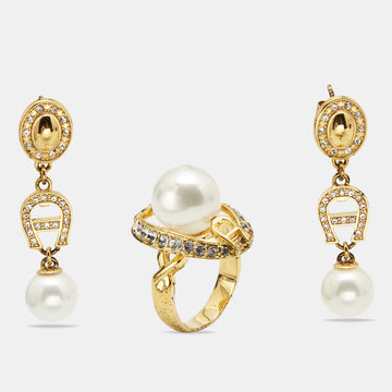 AIGNER Crystal Faux Pearl Gold Tone Ring and Earrings