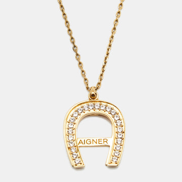 AIGNER Crystal Embellished Logo Gold Tone Pendant Necklace