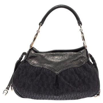 AIGNER Black Signature Canvas and Shimmer Nubuck Leather Logo Handle Hobo