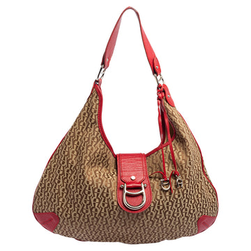 AIGNER Red/Beige Signature Canvas and Leather Logo Buckle Flap Hobo
