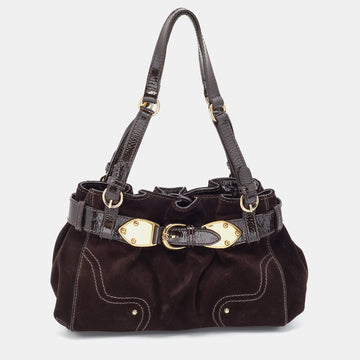 AIGNER Brown Suede and Patent Leather Buckle Satchel