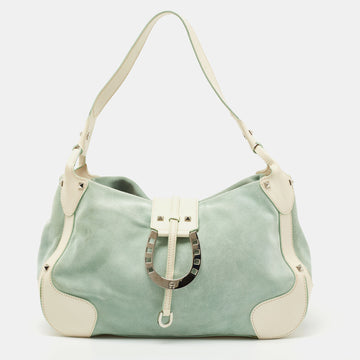 AIGNER Green/White Leather and Suede Logo Buckle Shoulder Bag