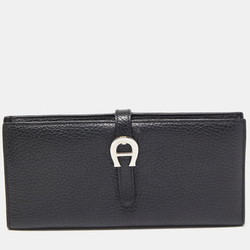 AIGNER Black Grained Leather Logo Bifold Flap Wallet