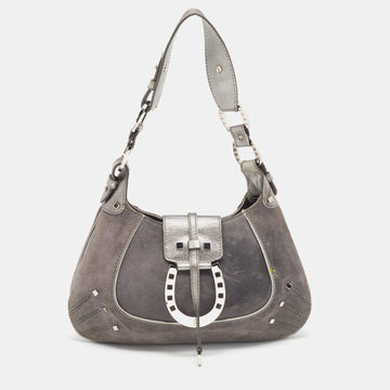 AIGNER Grey Studded Suede and Leather Hobo