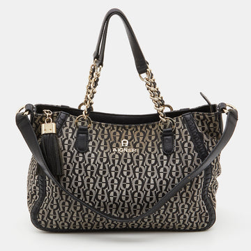 AIGNER Grey/Black Signature Canvas and Leather Tote