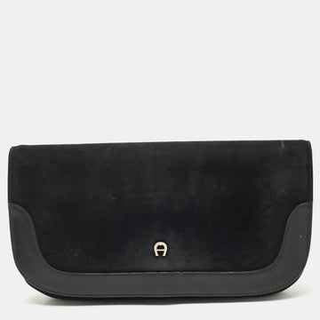 AIGNER Black Suede And Leather Logo Flap Clutch