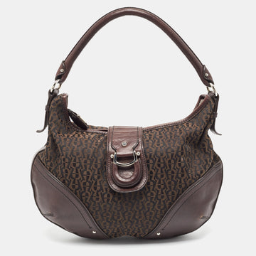 AIGNER Dark Brown Monogram Canvas and Leather Buckle Flap Hobo