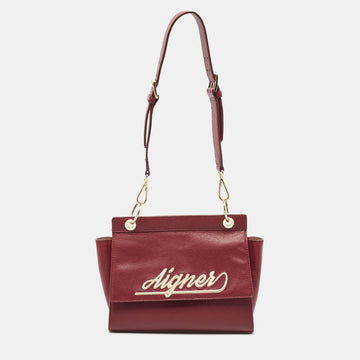AIGNER Dark Red Leather Embroidered Logo Shoulder Bag