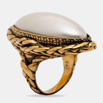 Alexander McQueen Aged Gold Tone Faux Pearl Cocktail Ring Size EU 55