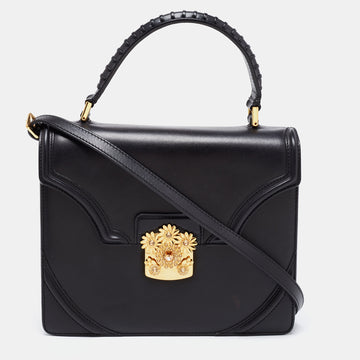Alexander McQueen Black Leather Floral Crystal Embellished Flap Top Handle Bag