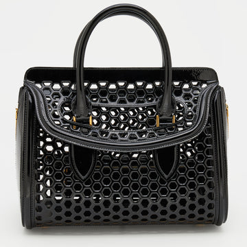 Alexander McQueen Black Honeycomb Cut Out Patent Leather Small Heroine Satchel