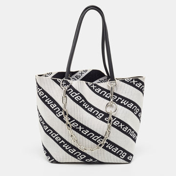 ALEXANDER WANG White/Black Knit Fabric Jacquard Diagonal Logo Roxy Tote