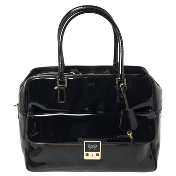 ANYA HINDMARCH Navy Blue Patent Leather Carker Satchel