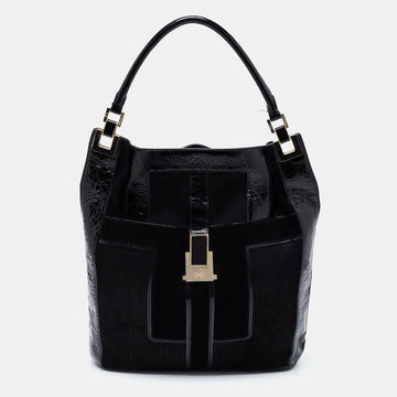 ANYA HINDMARCH Black Patent Leather and Suede Pushlock Pocket Tote
