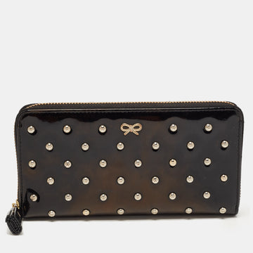 ANYA HINDMARCH Black Patent Leather Studded Zip Around Wallet