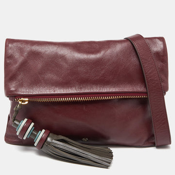 ANYA HINDMARCH Burgundy Leather Foldover Tassel Crossbody Bag