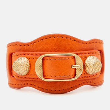 Balenciaga Orange Leather Gold Tone Studded Giant Arena Bracelet