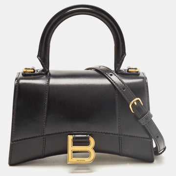 BALENCIAGA Black Leather XS Hourglass Top Handle Bag