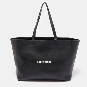 BALENCIAGA Black Leather Logo Top Zip Shopper Tote